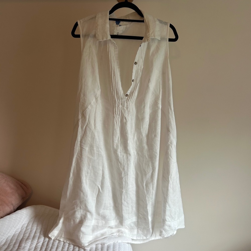Yuvita White Linen Sleeveless Dress‎ Collared Button Down Casual Medium